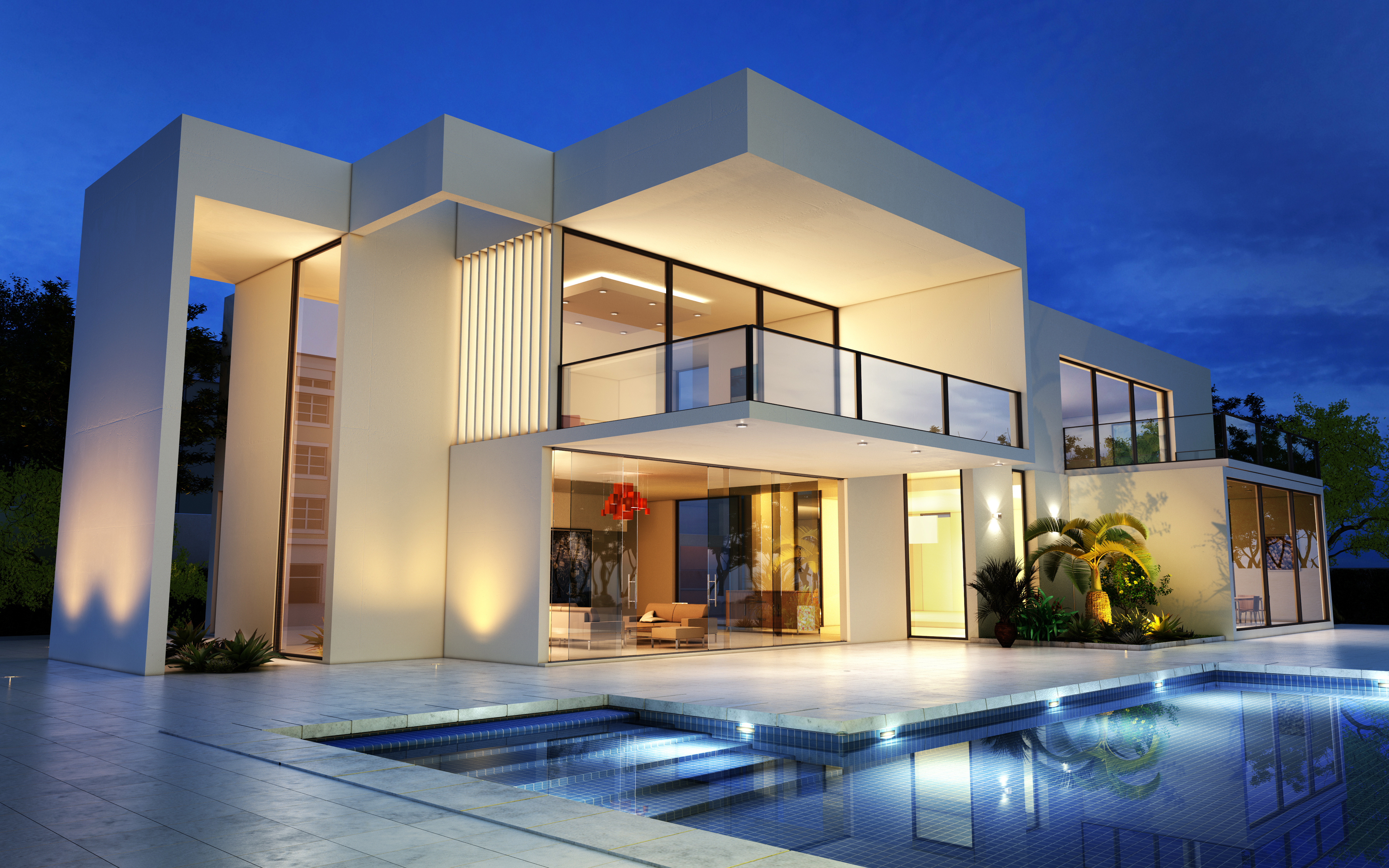 Modern luxury home with large glass windows and pool at dusk, representing high-end house cleaning services in Houston. 